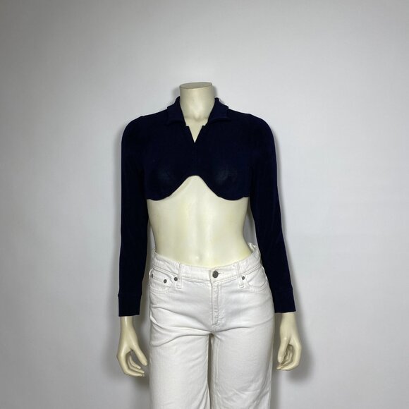MIRROR PALAIS Navy Jersey 'Underwire Polo' Crop Long Sleeve Top - Picture 2 of 10